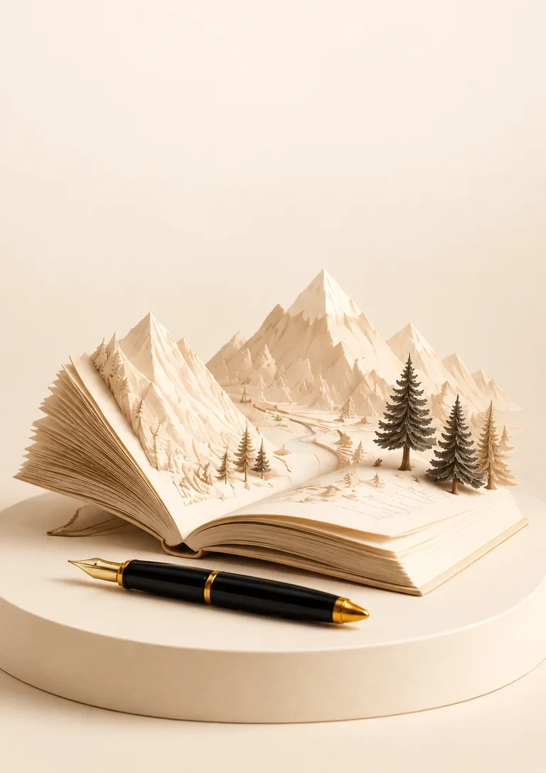 Aus einem offenen Buch entfaltet sich eine Landschaft aus Papierbergen und Bäumen