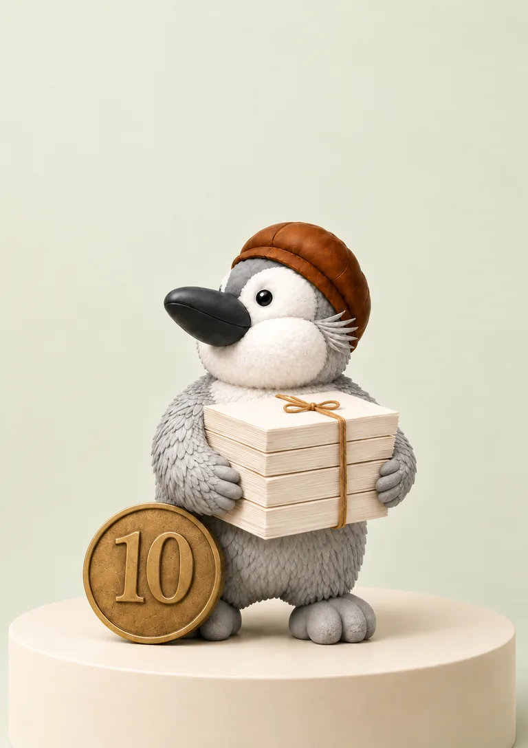 Bookfound-Pinguin hält ein Manuskript neben einer goldenen 10-Euro-Marke